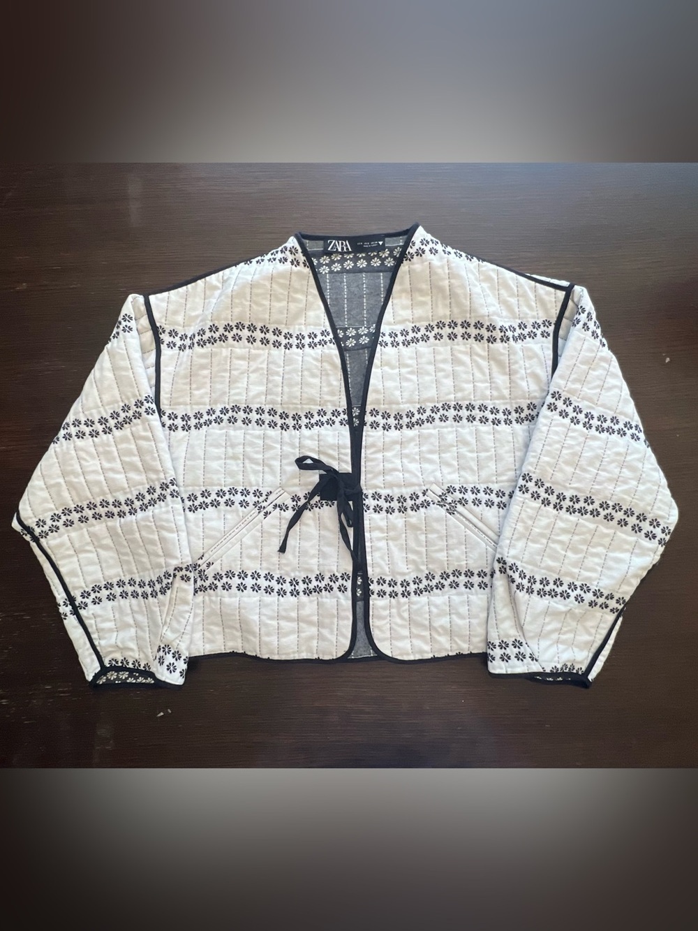 Zara Ecru Quilted Floral Stripe Tie-Front Jacket Cotton Padded Boho Cottagecore